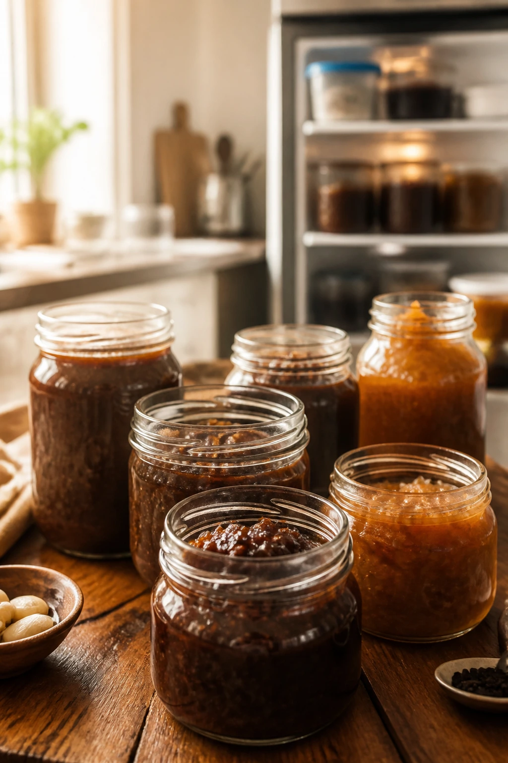 Glass jars with caramelized vegan sauces on a wooden counter, fridge in background