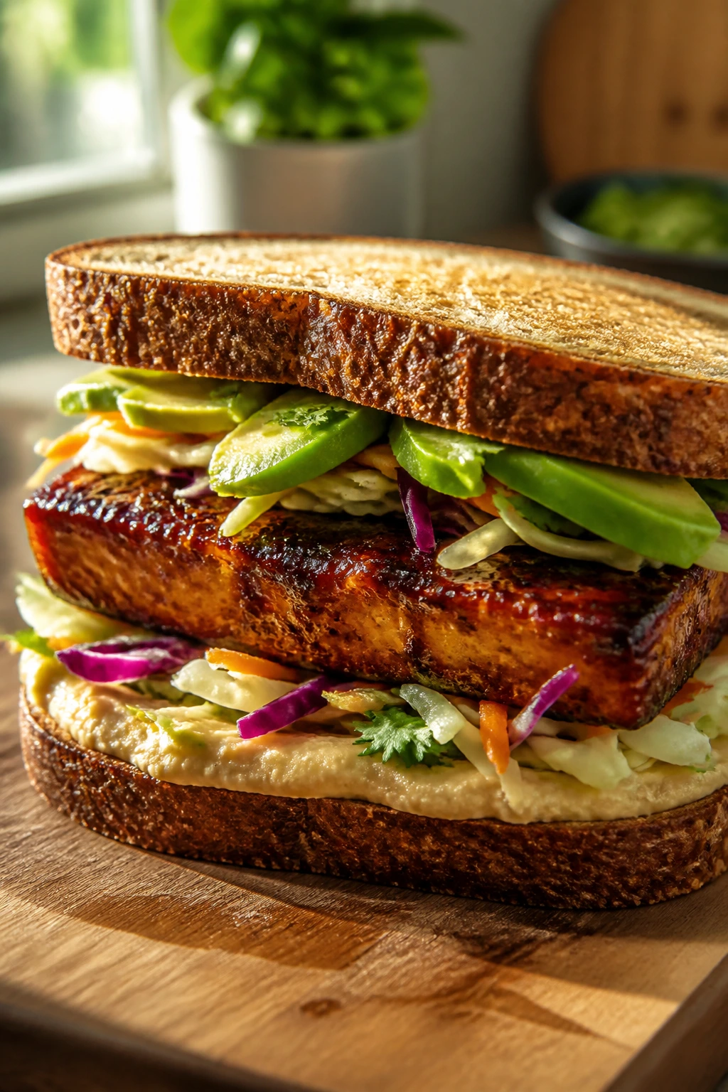 Close-up of a caramelized tofu sandwich with crisp crust, hummus, slaw, and avocado on bread