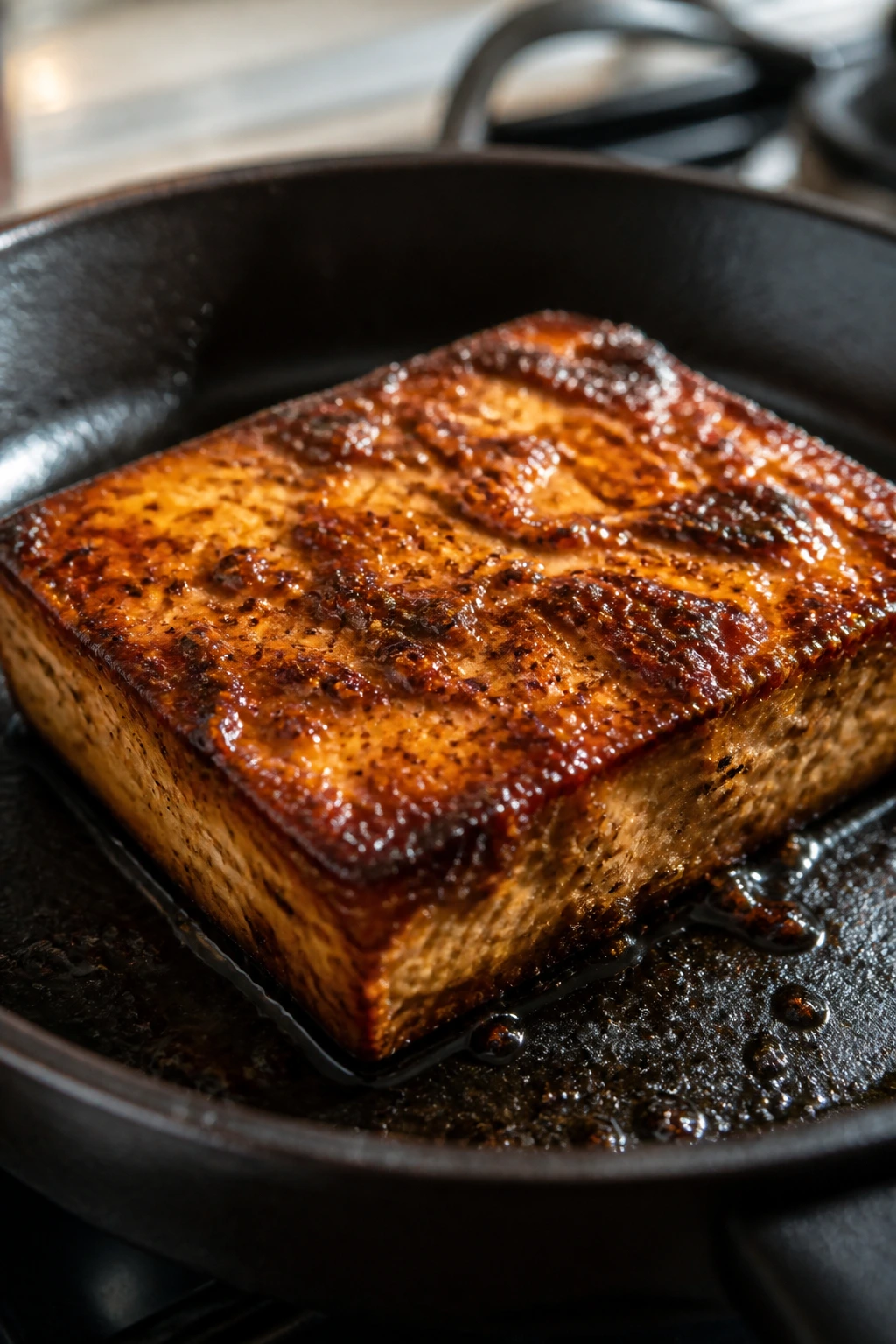 Close-up of caramelized tofu in a skillet with glazed crust