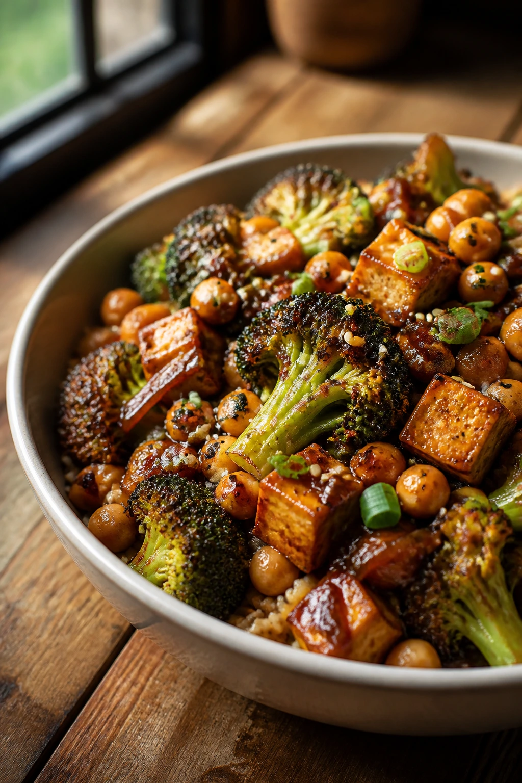 Glossy bowl of caramelized vegan sauce with roasted vegetables and grains