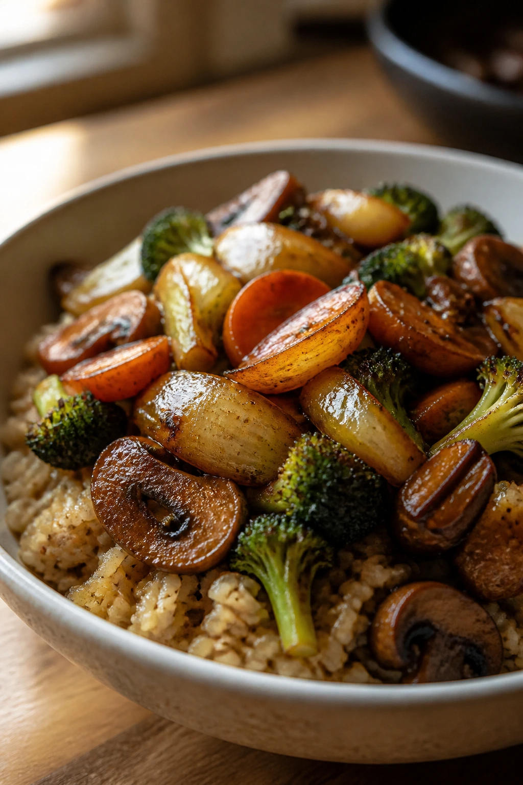 Close-up of caramelized vegetables over brown basmati rice in a glossy bowl