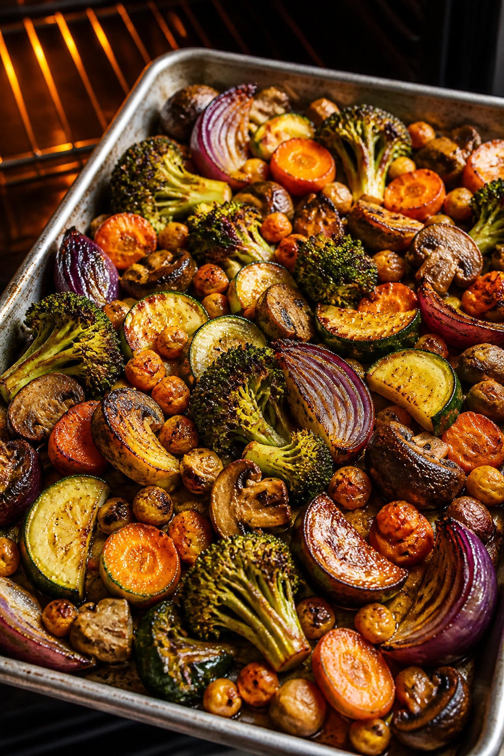 Close-up of caramelized vegetables browning on a sheet pan in a warm kitchen