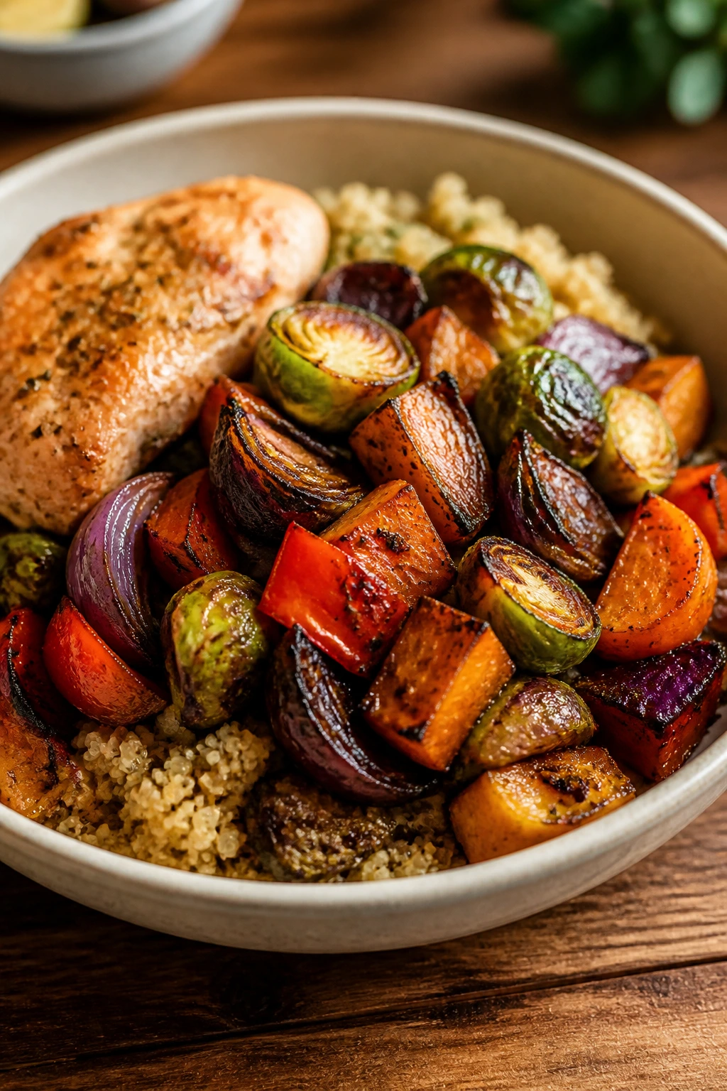 Caramelized vegetables plated with grains and protein for a balanced dinner