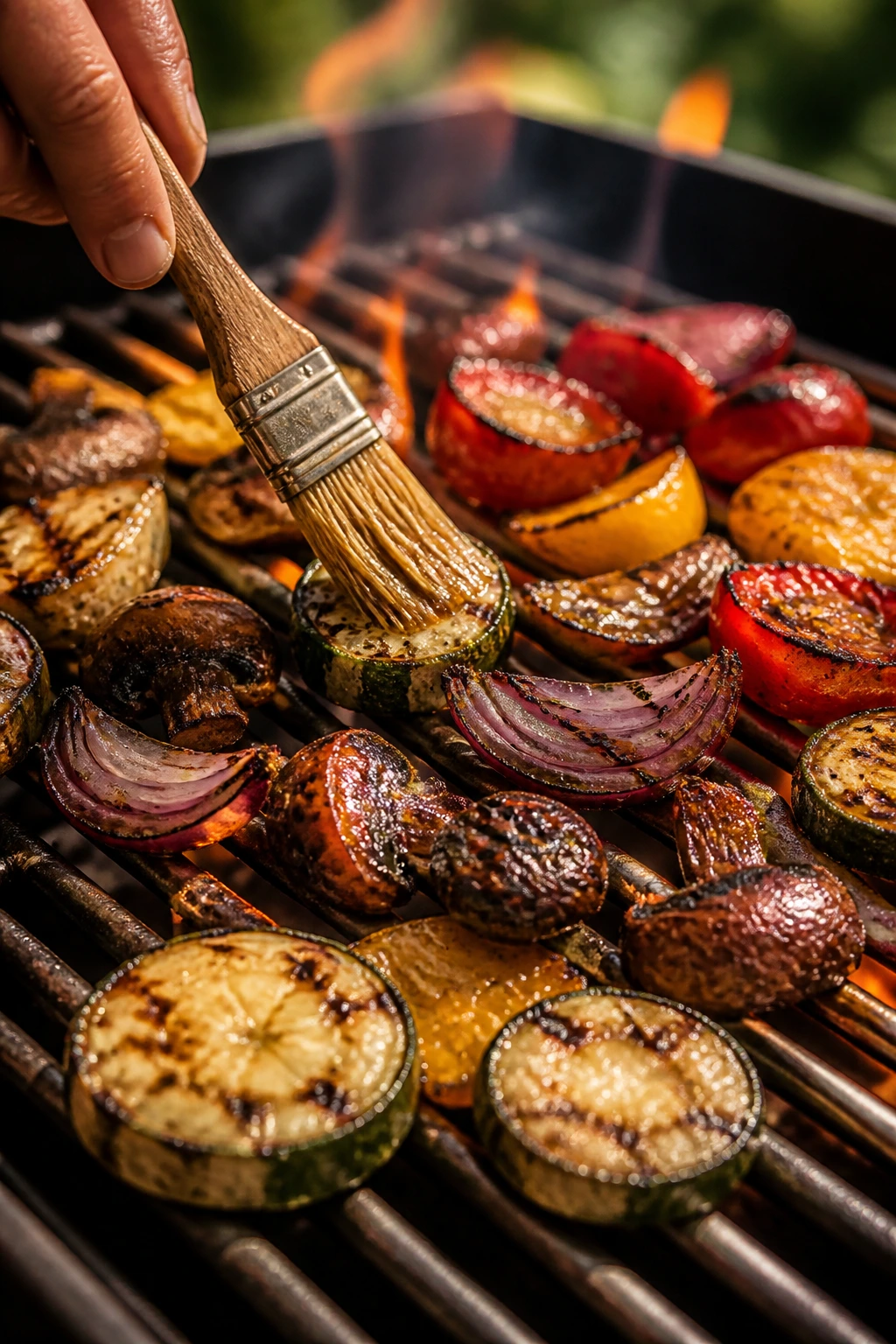 Close-up of caramelized vegetables on a hot grill with a brush applying the final oil pass