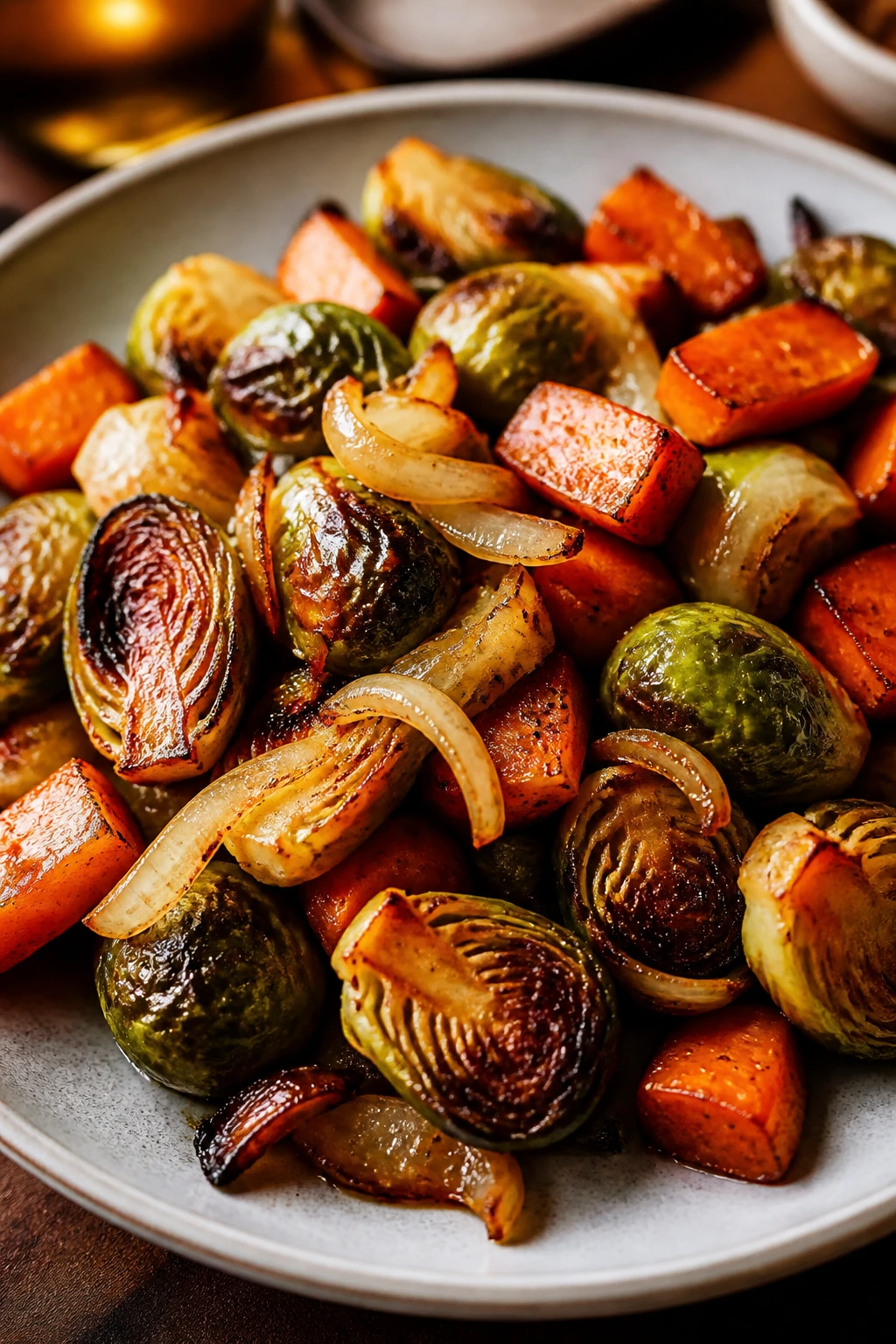 Close-up of caramelized vegetables emphasizing browning and texture