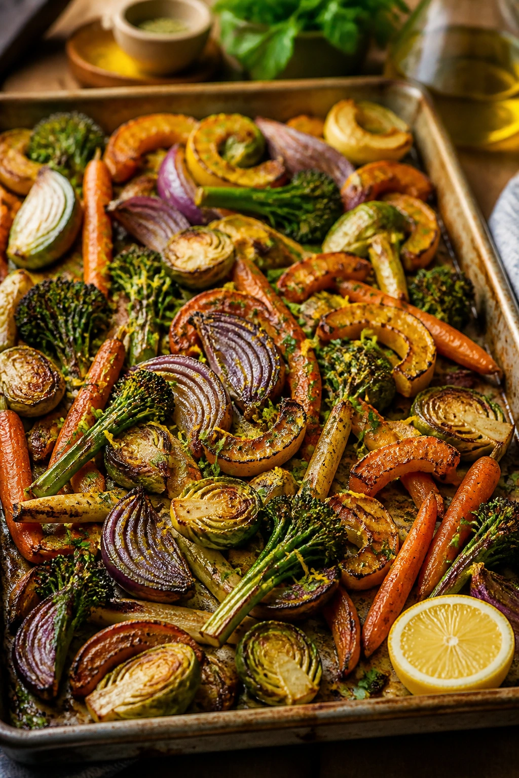 Sheet pan of browned caramelized vegetables with a lemon wedge for finishing.