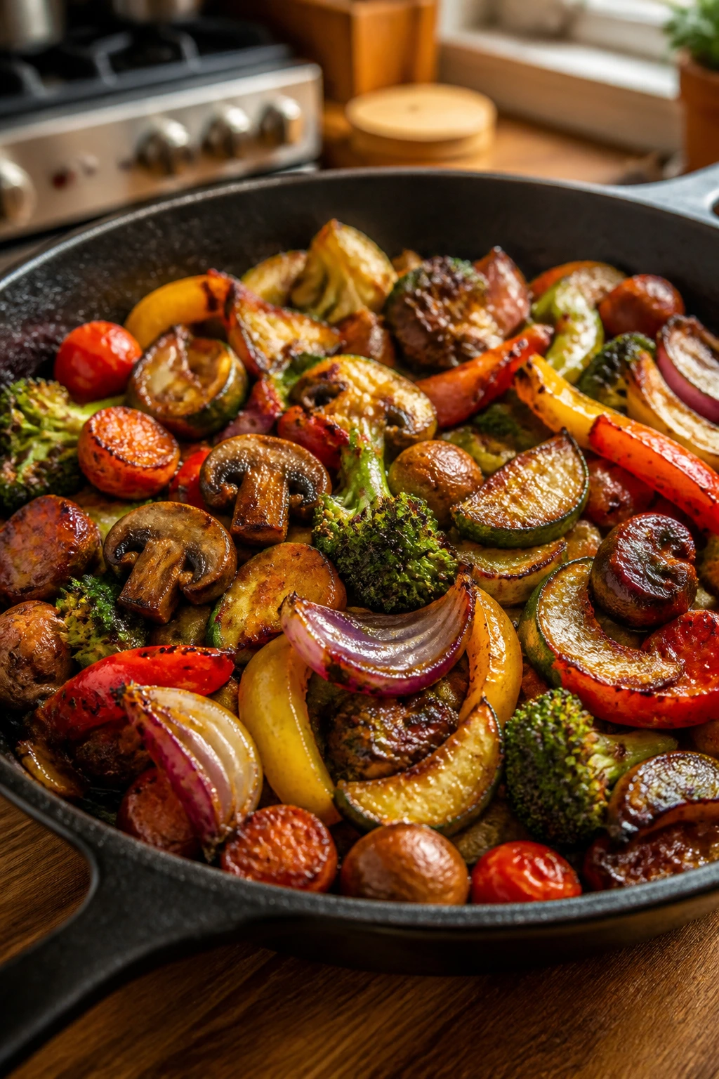 Close-up of caramelized vegetables in a skillet with browned edges and glossy glaze