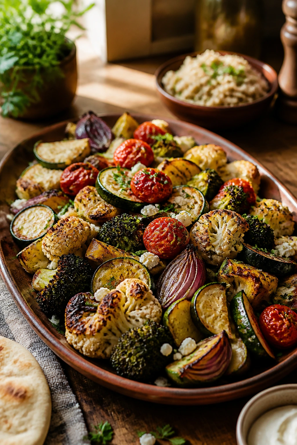 Close-up of finished caramelized vegetables on a warm platter with tomatoes and feta