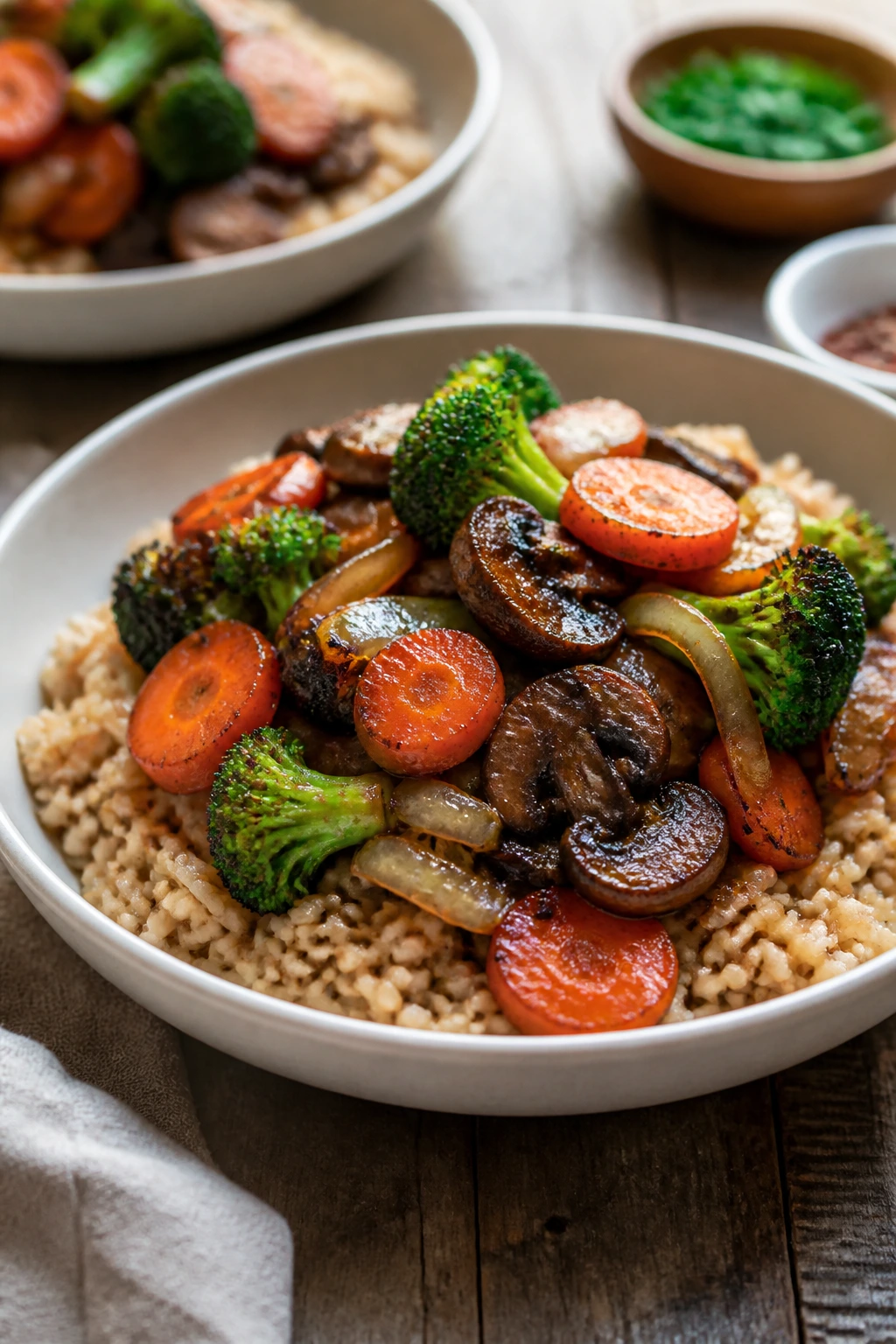 Close-up of caramelized vegetables over brown rice in a bowl on a rustic table