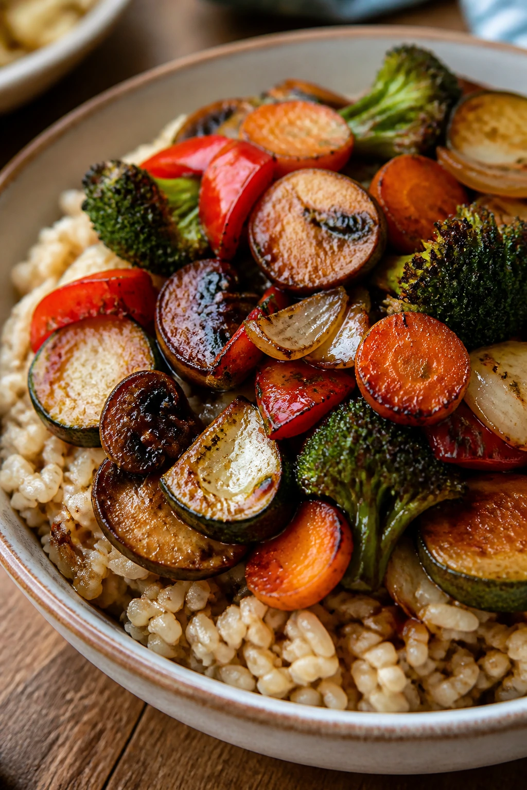Close-up of roasted vegetables over brown basmati rice with a glossy glaze on a warm table