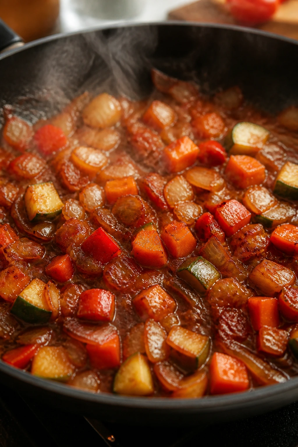 Vegetables browning in a skillet forming a kid-friendly sauce