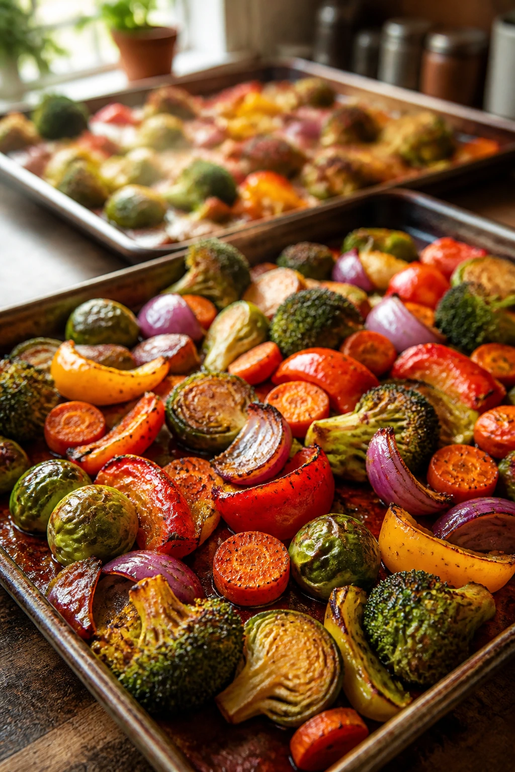 Close-up of caramelized colorful vegetables on a sheet pan in a warm kitchen