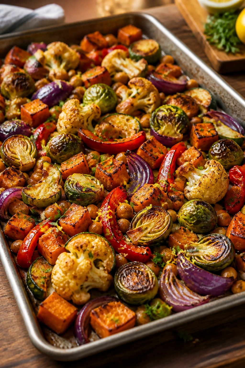 Close-up of caramelized vegetables on a sheet-pan with maple balsamic glaze
