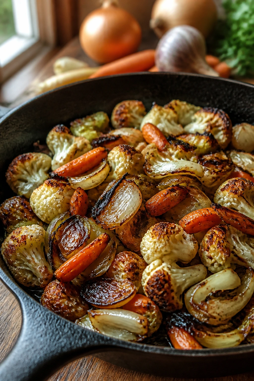 Close-up of caramelized vegetables browning in a skillet