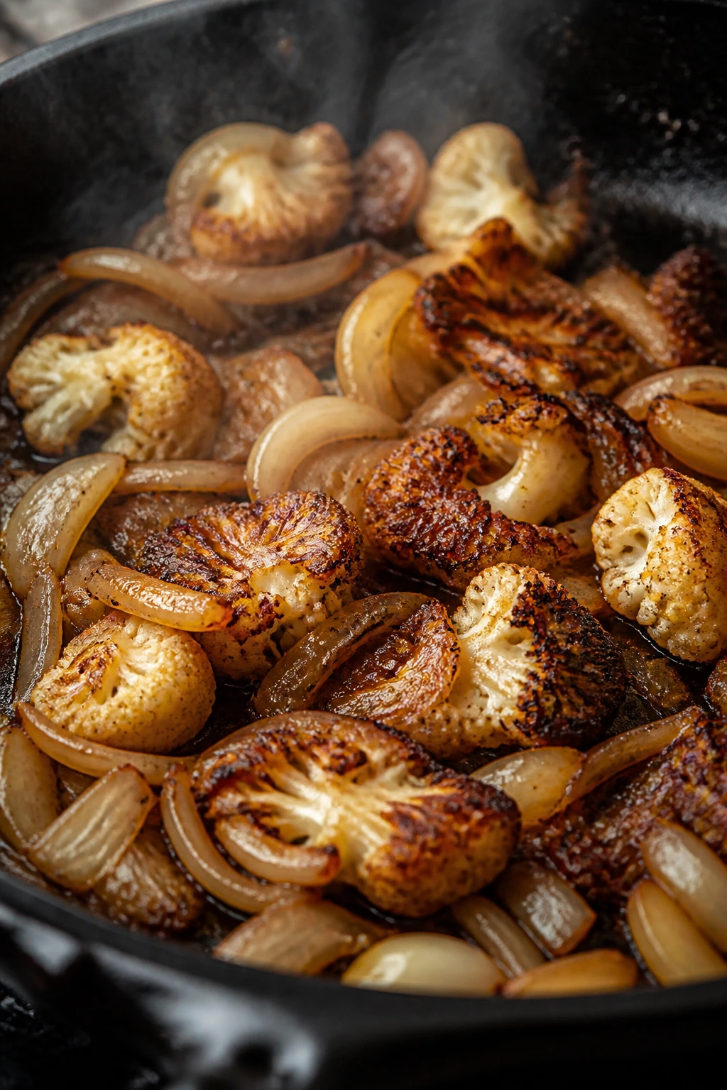 Close-up of browned caramelized vegetables in a skillet on a stove