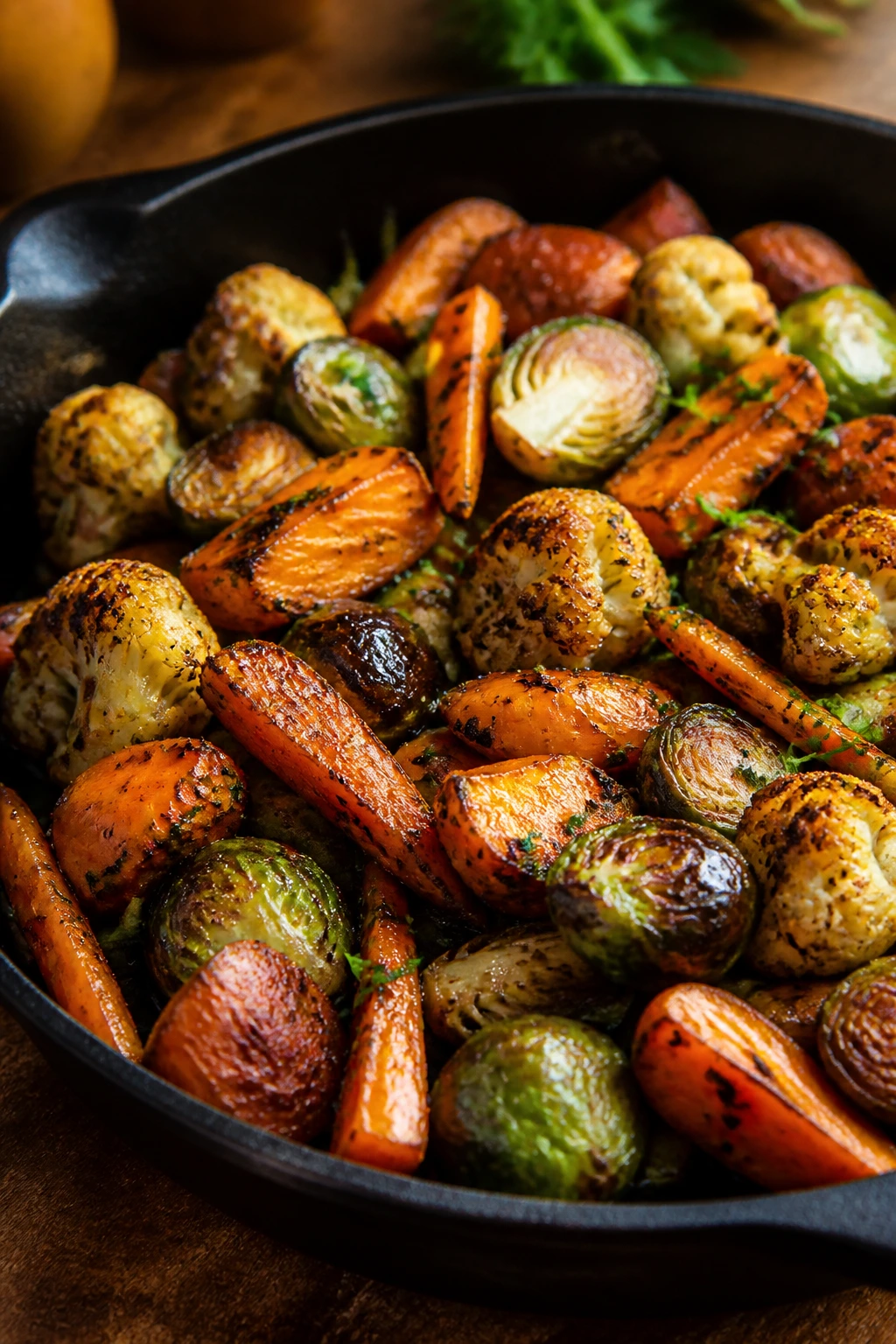 Close-up of caramelized vegetables in a skillet with browned edges