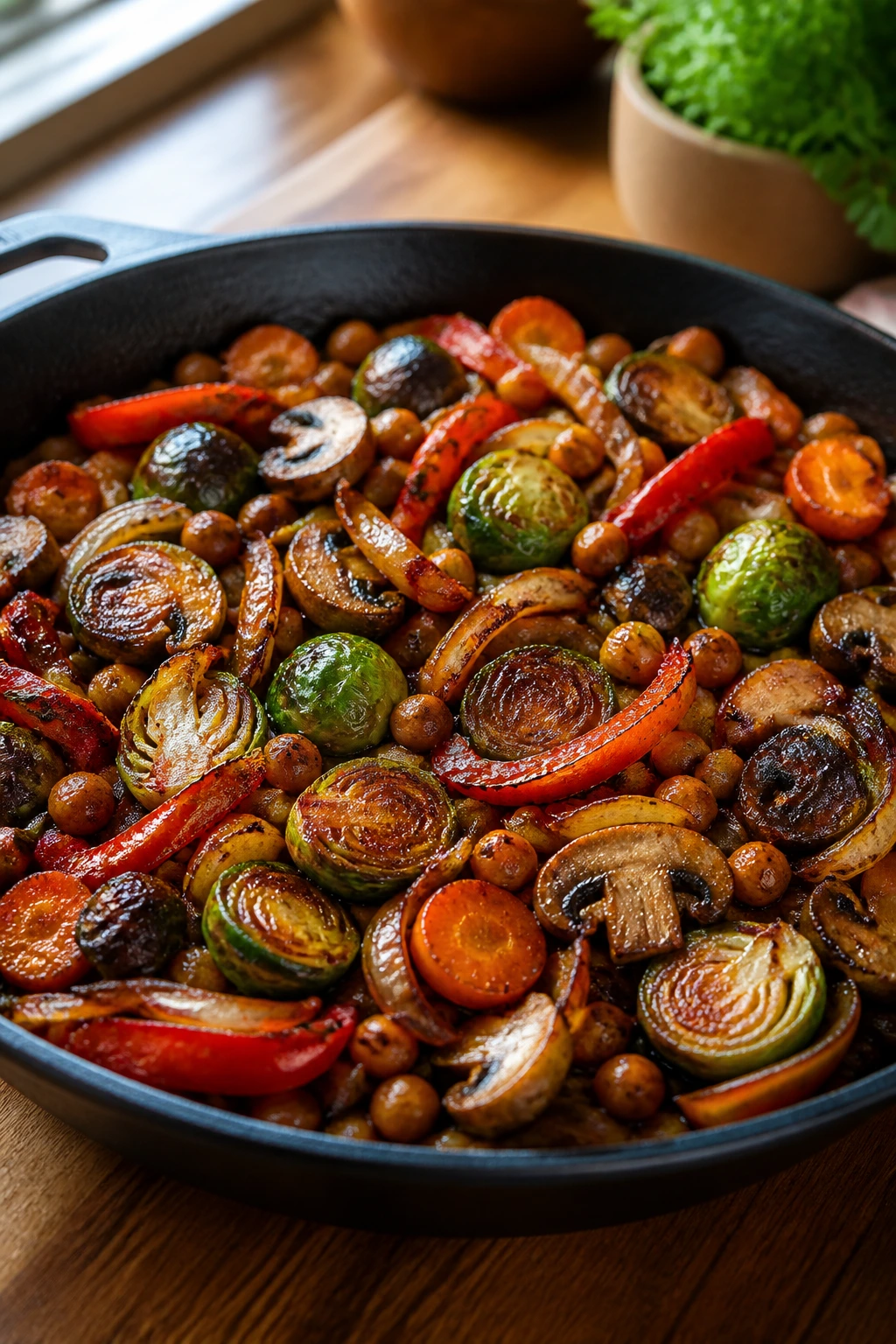 Close-up of caramelized vegetable skillet with onions, Brussels sprouts, carrots, mushrooms, peppers and chickpeas in glaze.