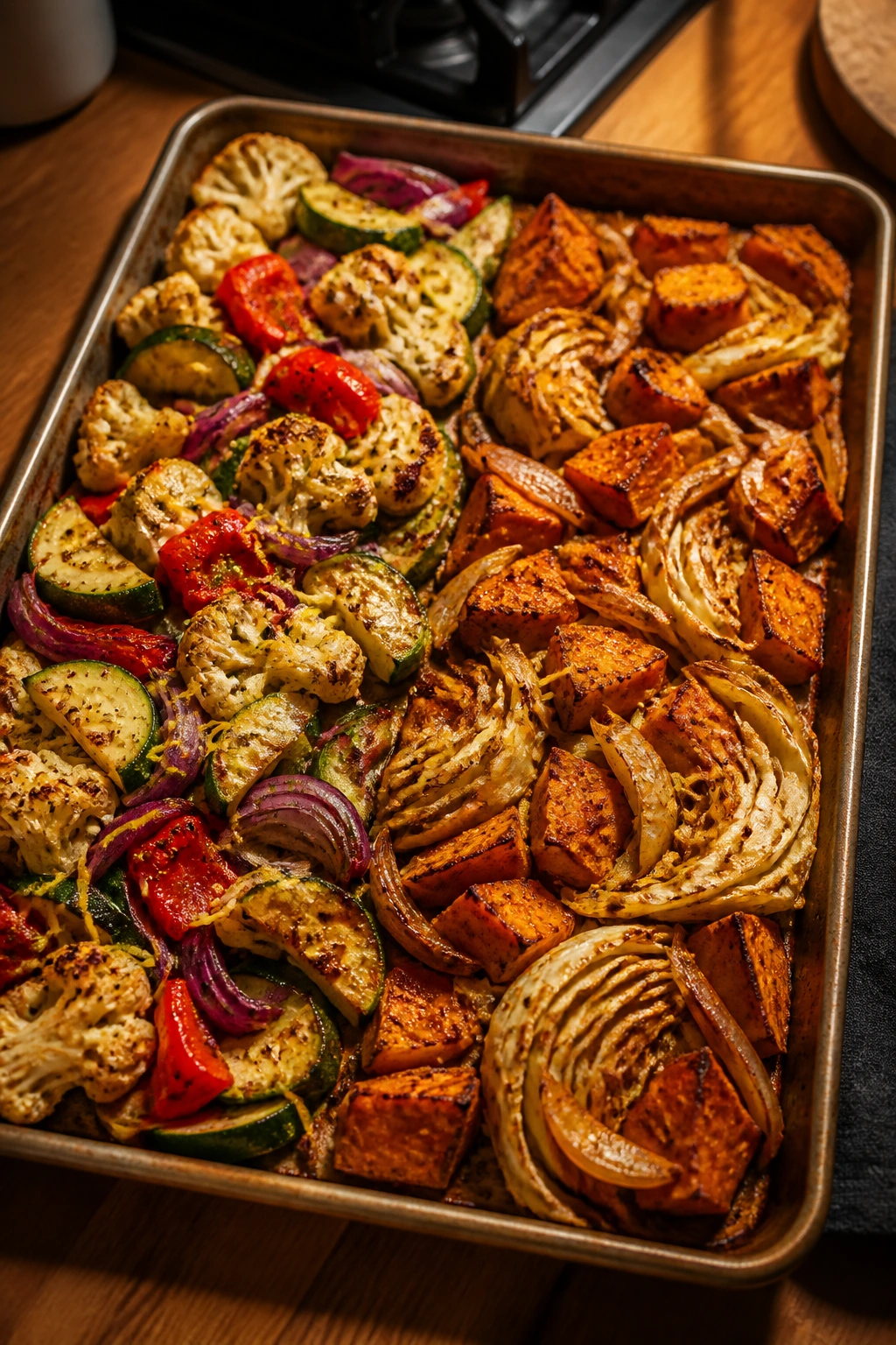 Close-up of a sheet pan with caramelized vegetables showing two flavor zones in a warm kitchen