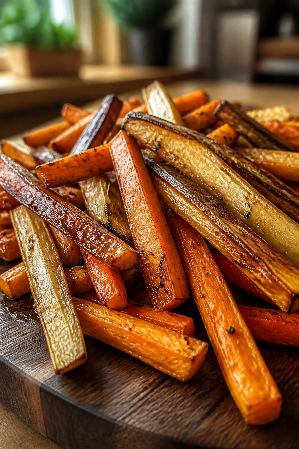 Close-up of caramelized veggie fries on a wooden board