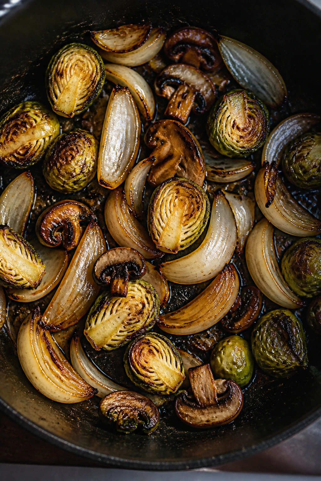 Close-up of vegetables caramelizing in a pan with golden edges.