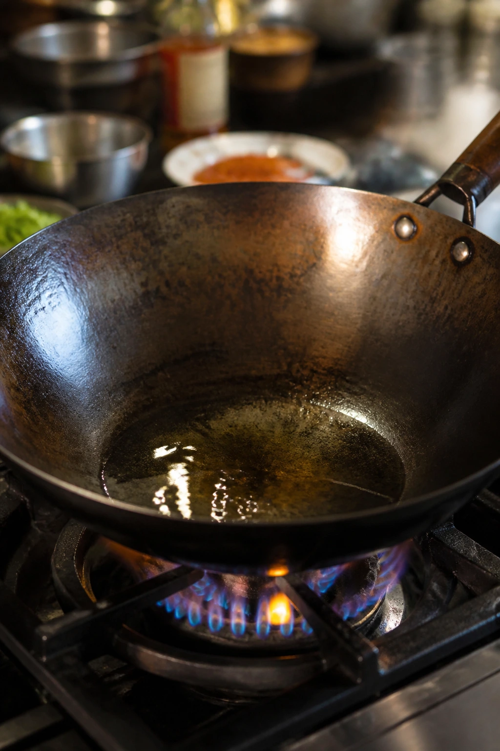 Close-up of a heated carbon steel wok on a stove