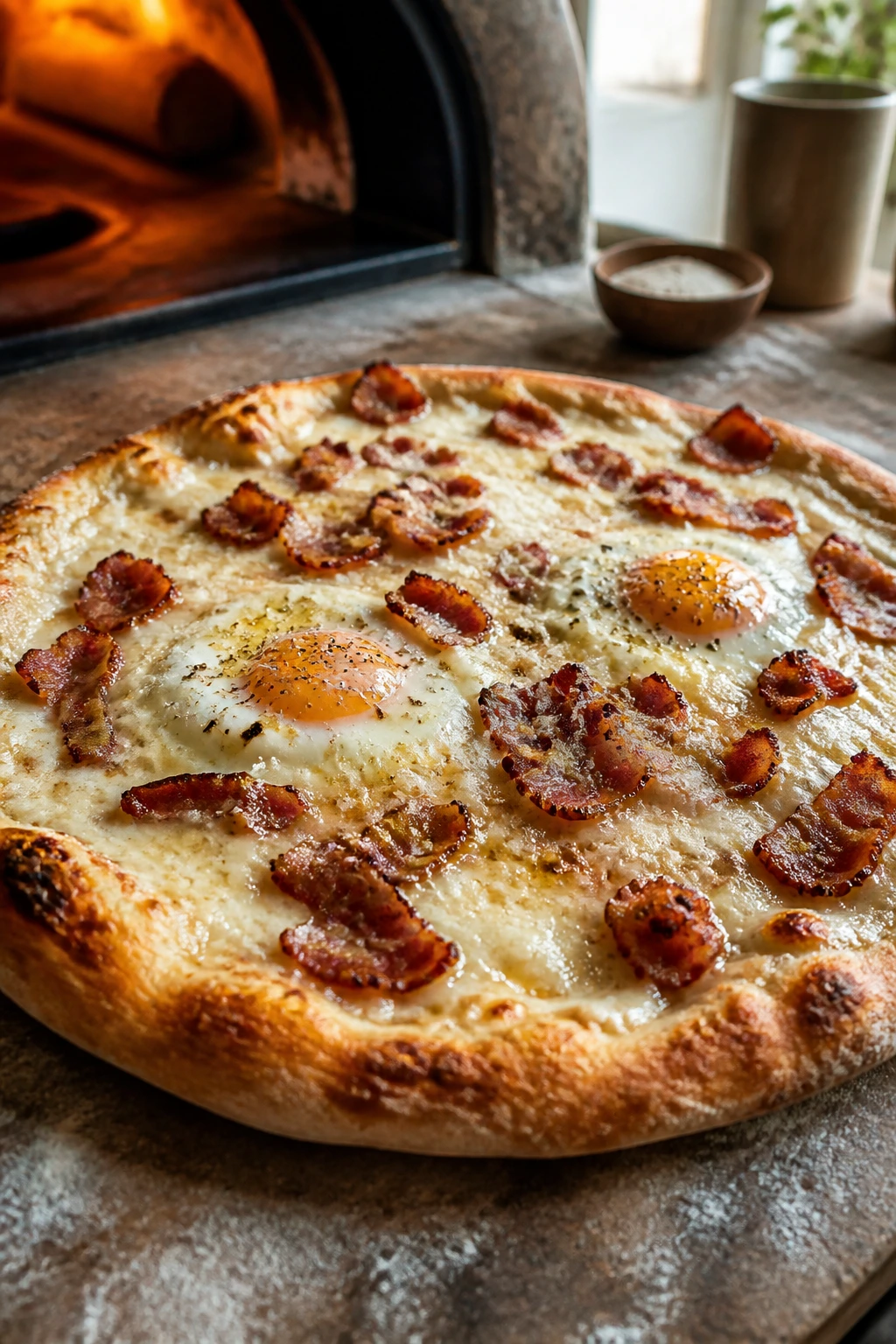 Close-up of carbonara breakfast pizza with pancetta and eggs on a rustic board