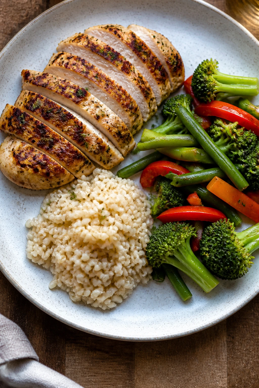 Dinner plate with a small carb portion alongside protein and vegetables.