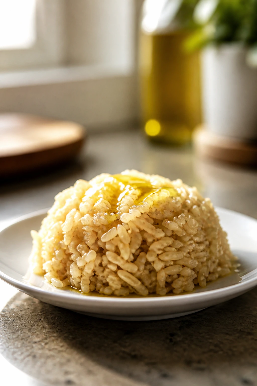 Close-up of rice with olive oil drizzle on a plate, illustrating carbs and fats