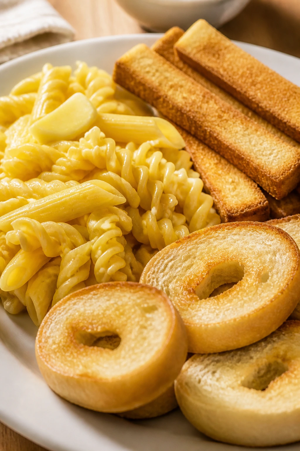 Close-up of buttered noodles, toast fingers, and mini bagels on a plate