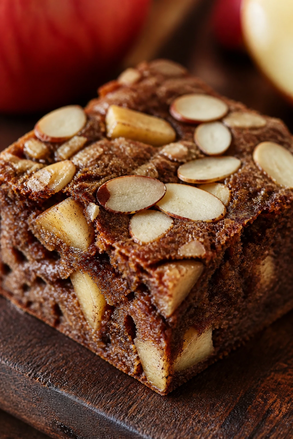 Close-up of Cardamom Apple Brownies with almond topping on a wooden board