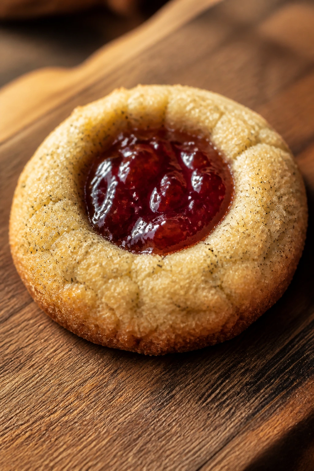 Close-up of a cardamom sugar cookie with jam center on a wooden board