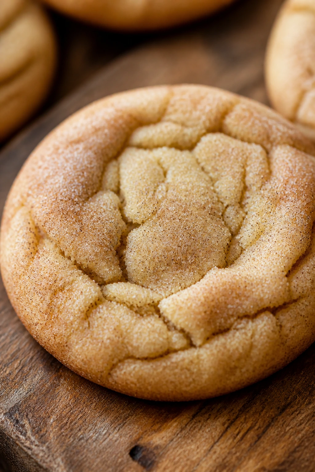 Close-up of a cardamom snickerdoodle cookie with crackled sugar on a wooden board