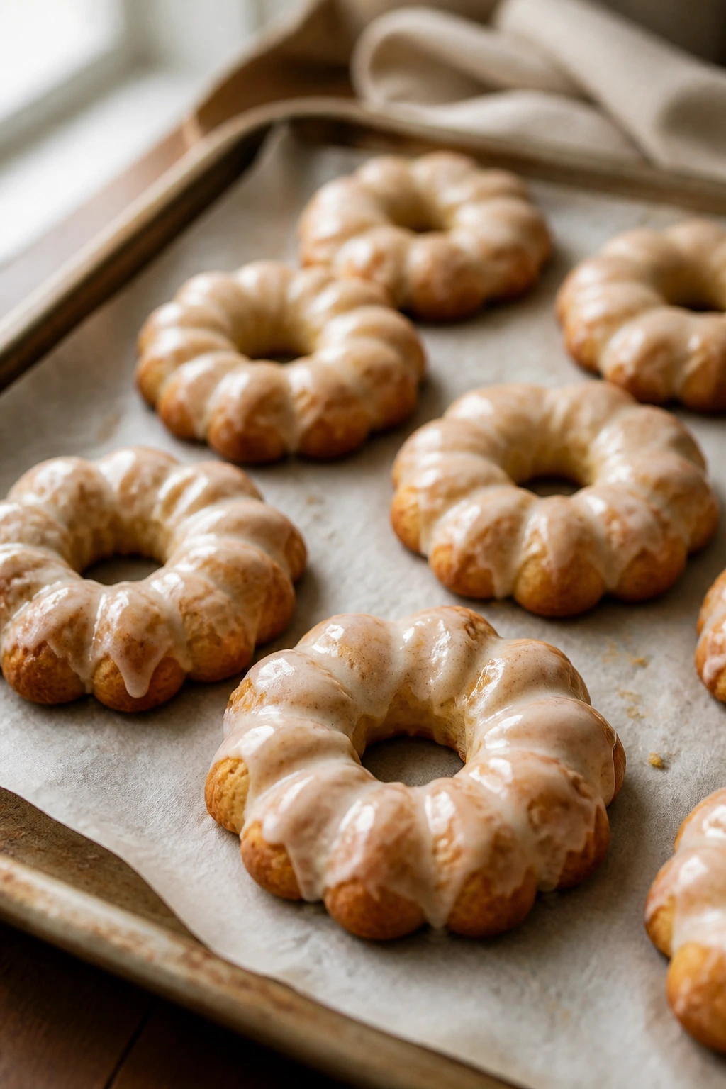 Close-up of cardamom wreath cookies on parchment-lined tray