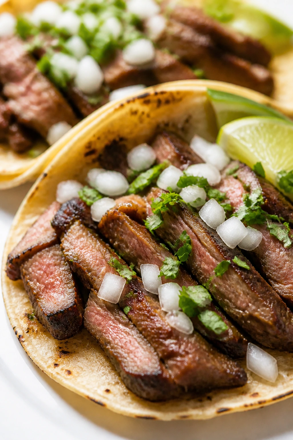 Close-up carne asada beef taco with sliced steak on tortilla