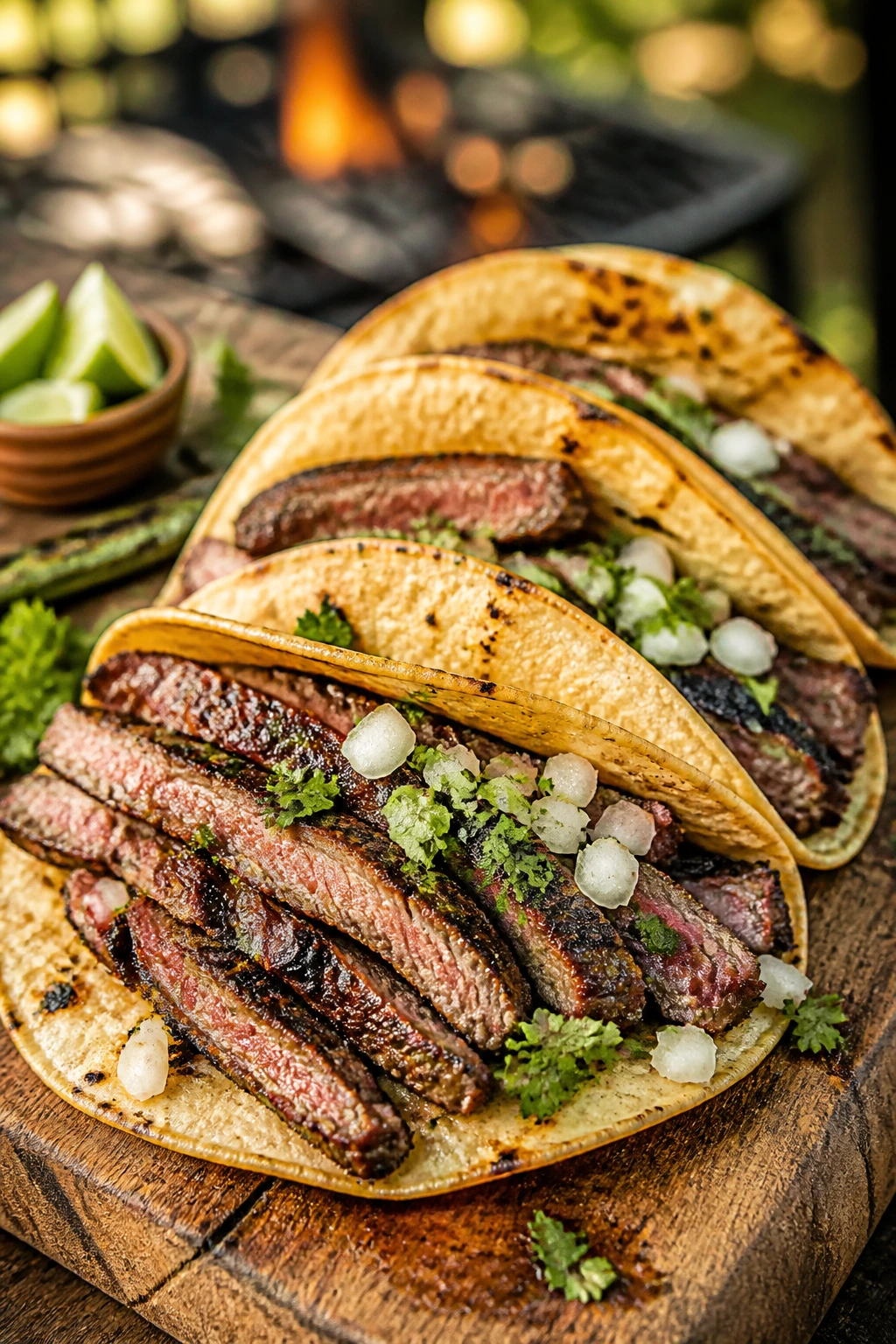 Close-up charred carne asada skirt steak tacos on a wooden board