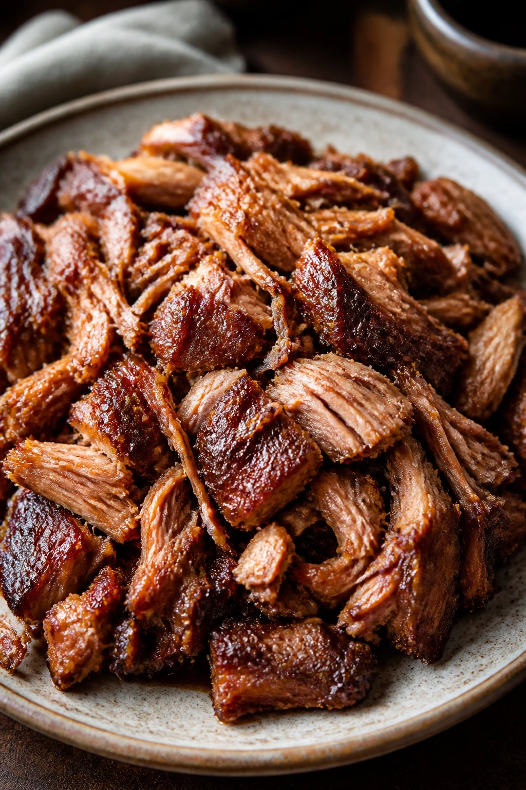 Close-up of carnitas with juicy interior and crispy edges on rustic plate