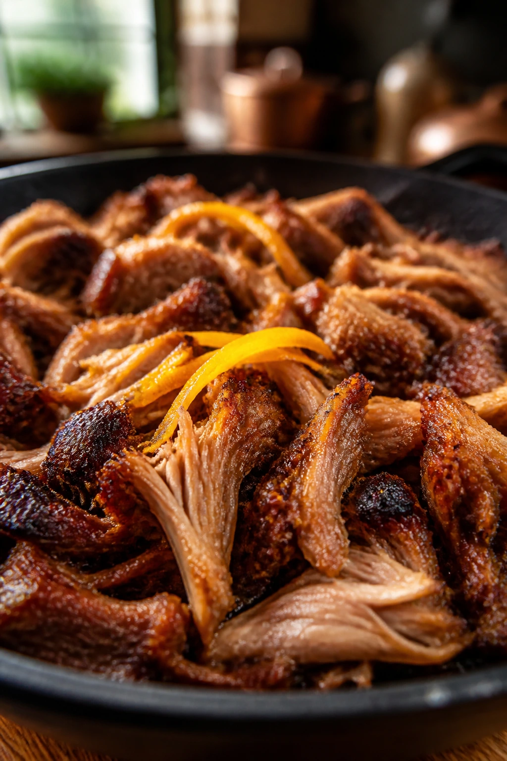 Glossy browned carnitas shreds with orange zest in a cast-iron skillet.