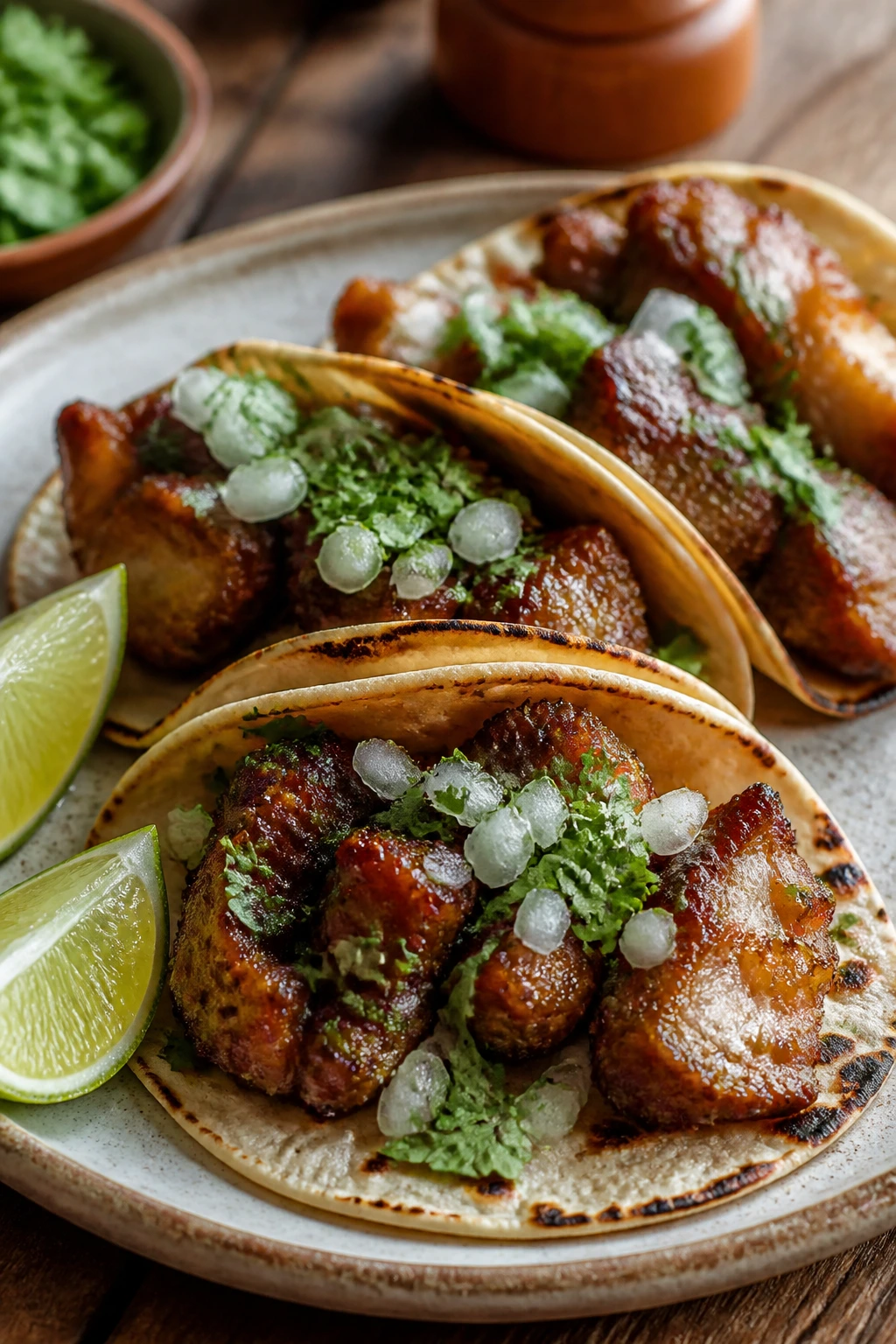 Close-up of carnitas-style pork belly tacos on a plate with onions and cilantro