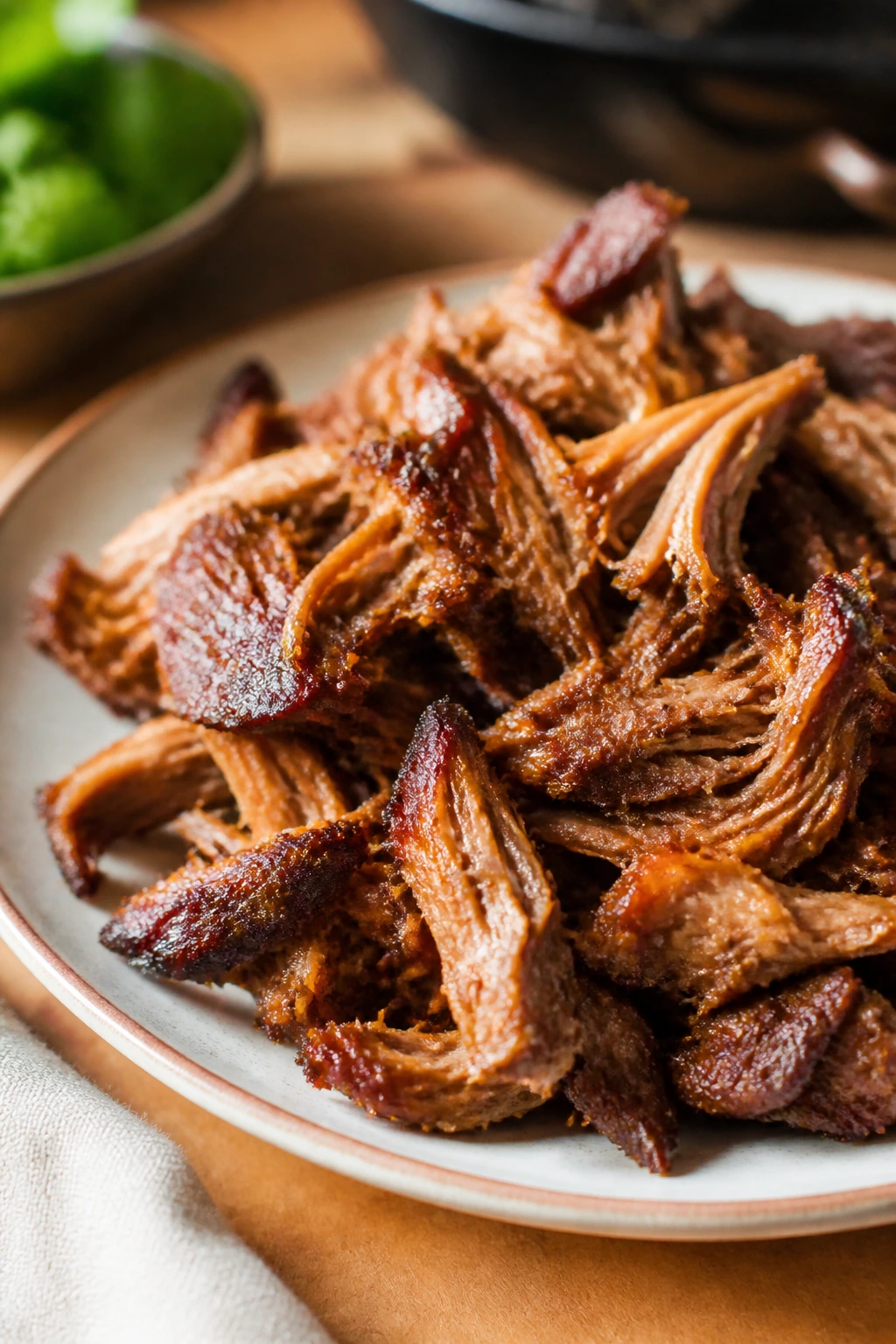 Plate of glossy carnitas ready to serve