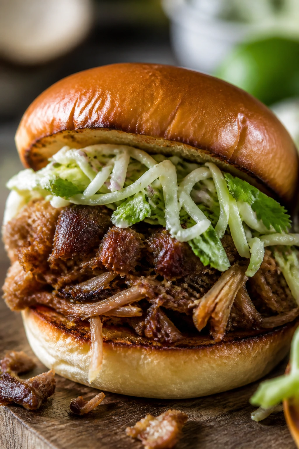 Close-up of a crispy carnitas slider with lime slaw on a board