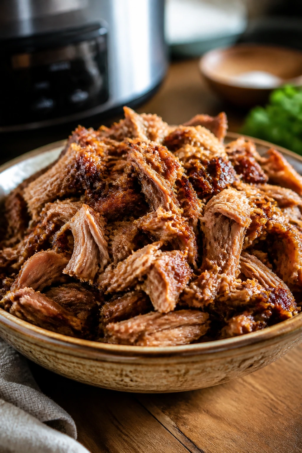 Close-up of glossy shredded pork carnitas in a rustic bowl in a kitchen