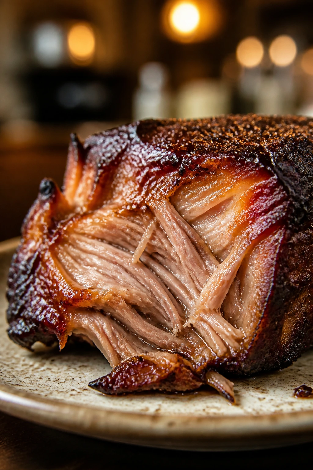Macro view of carnitas with sticky edges and tender center