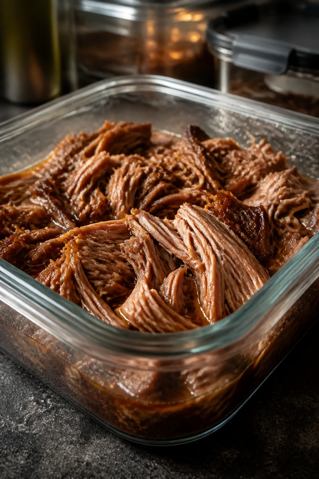 Shredded carnitas in a glass container with braising liquid for make-ahead storage
