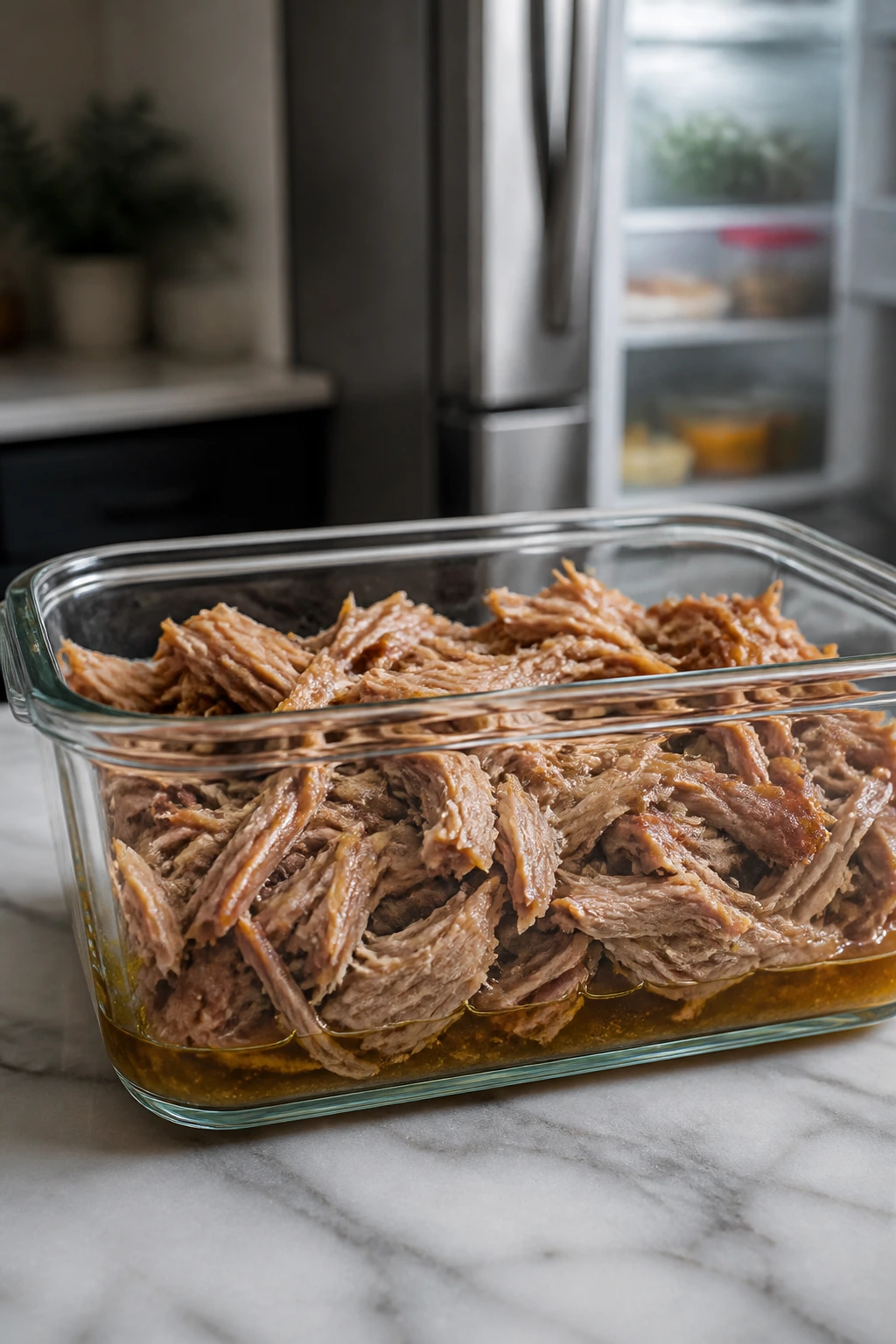Glass container of shredded carnitas with cooking liquid on kitchen counter.