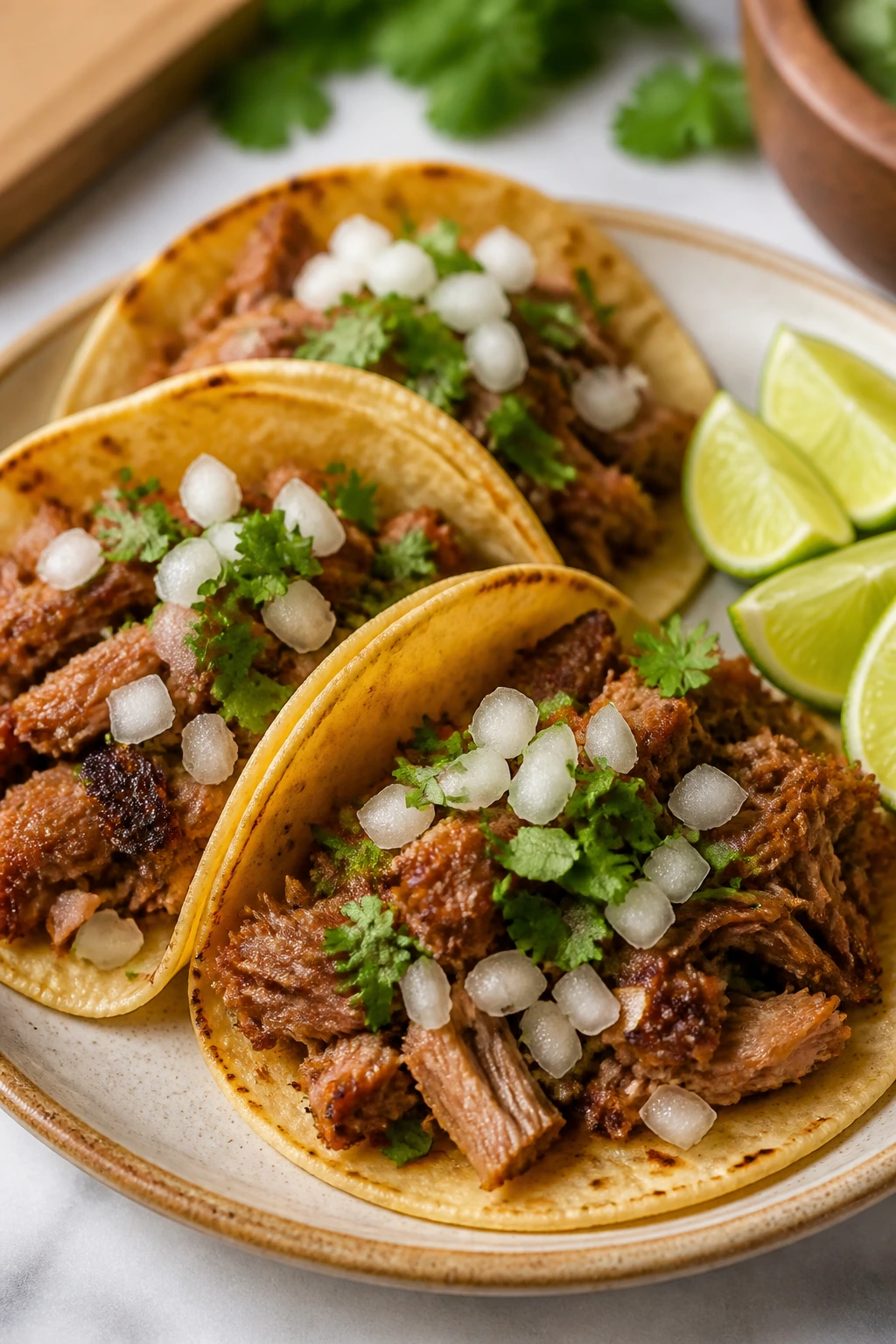 Close-up plate of pork carnitas tacos with cilantro and onions