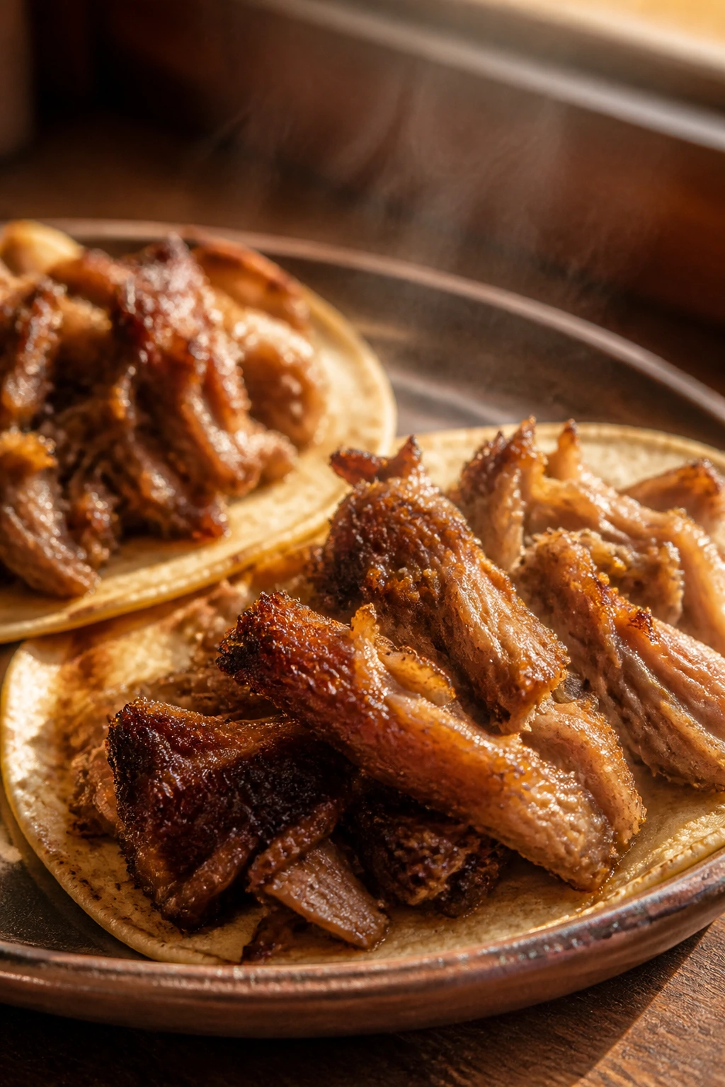 Close-up of crispy carnitas on warm corn tortillas on a rustic plate.