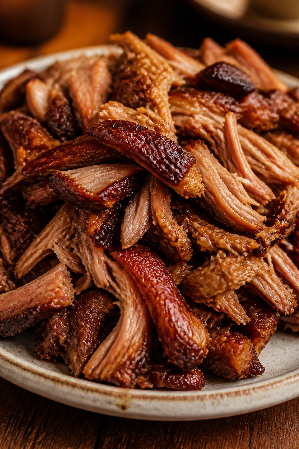 Crispy carnitas with deep caramel color on a rustic plate.