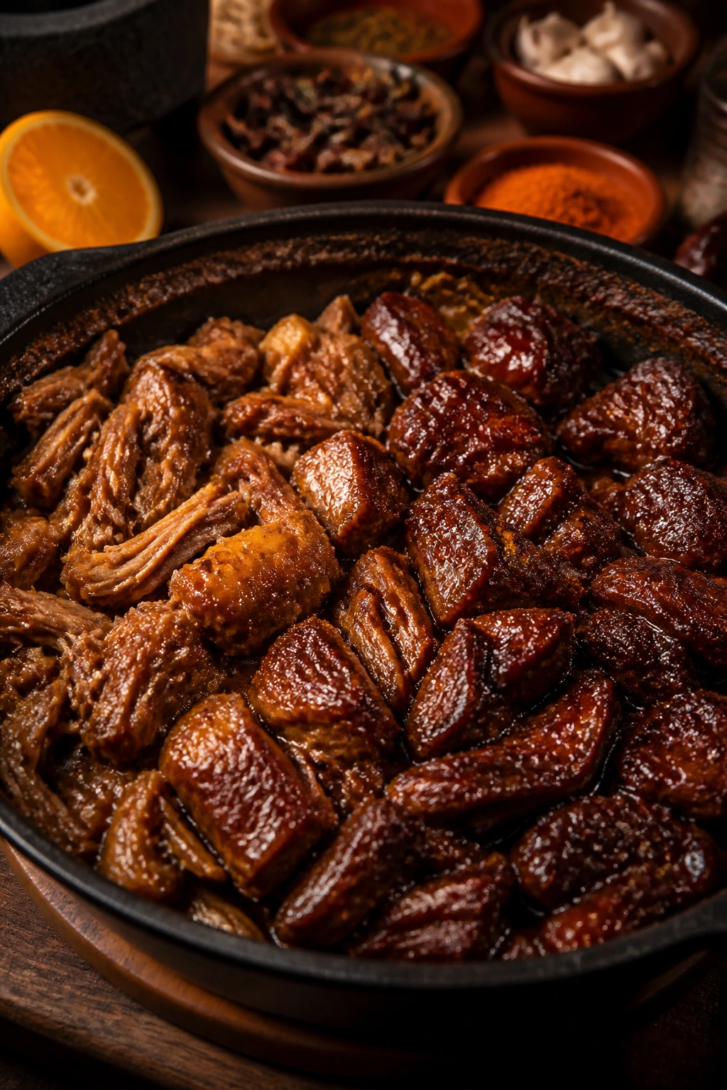 Pork carnitas with varied glaze tones indicating heat and sweetness variations