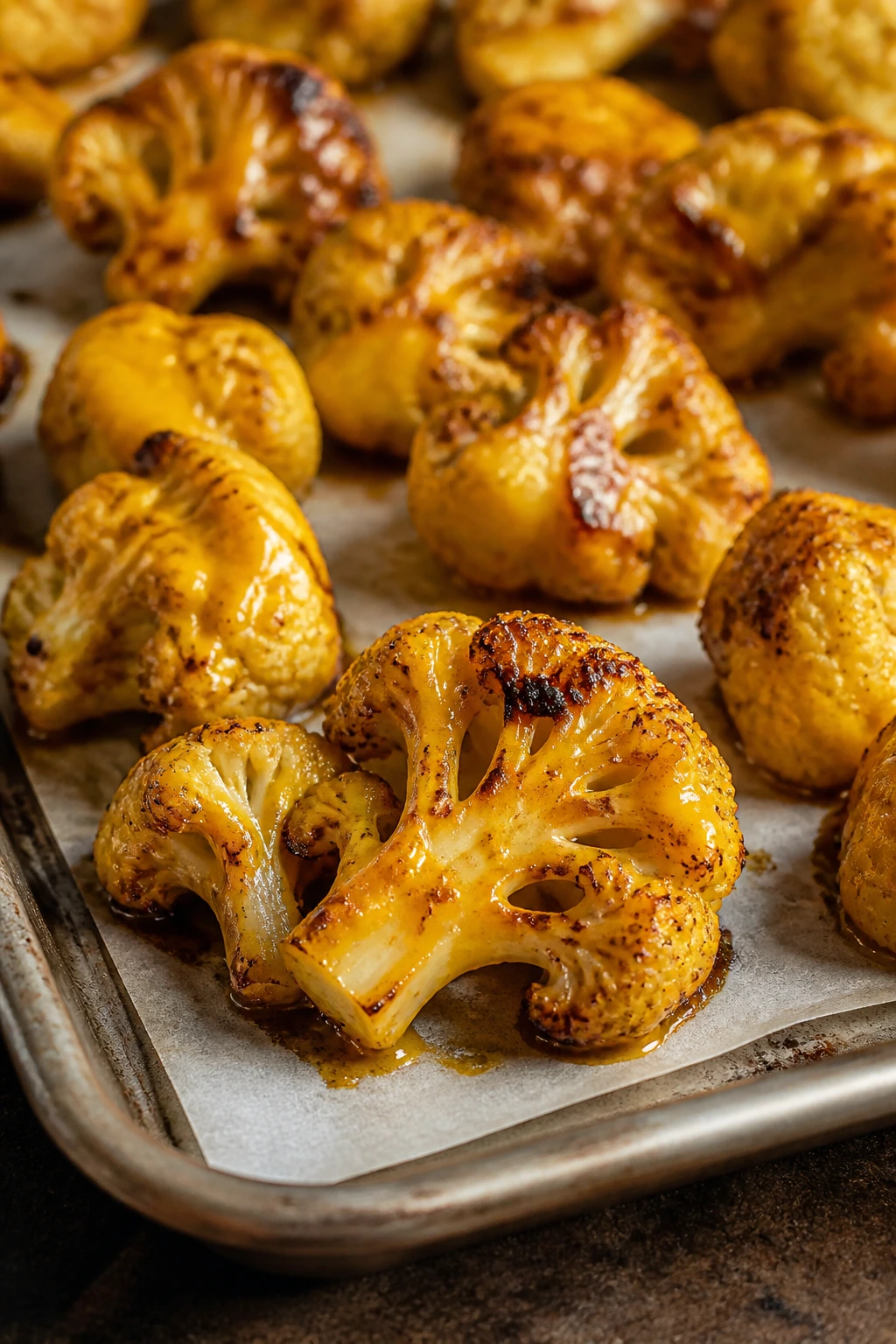 Close-up of Carolina Gold cauliflower wings with yellow mustard glaze on sheet pan