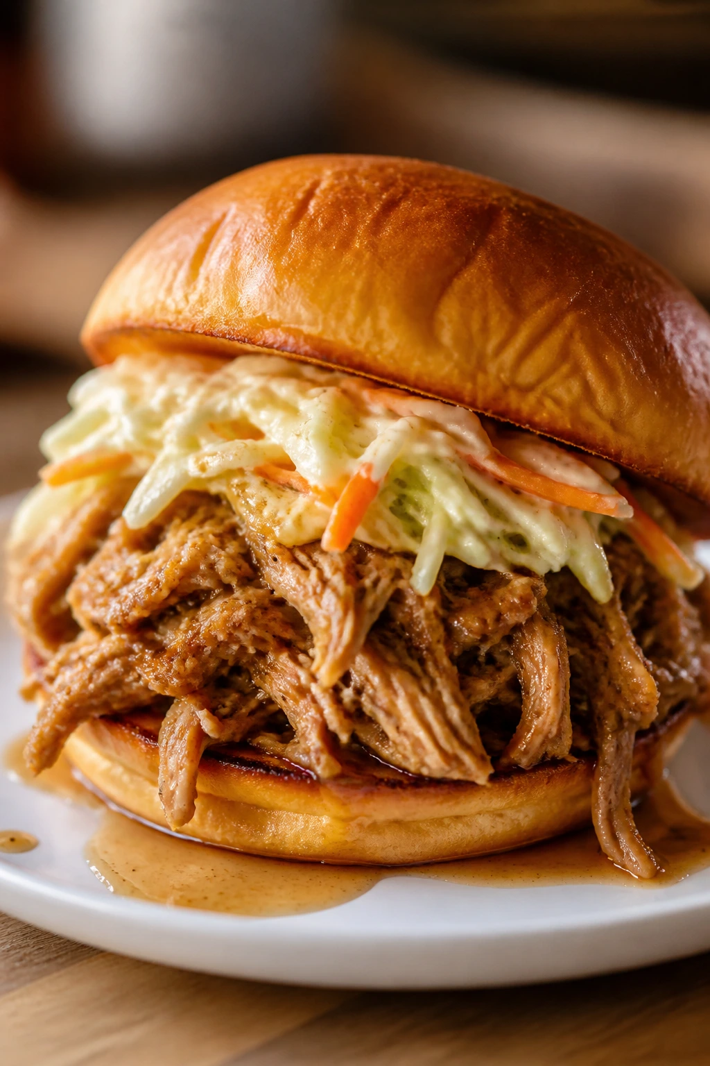 Close-up of Carolina Pulled Chicken Sandwich with tangy sauce